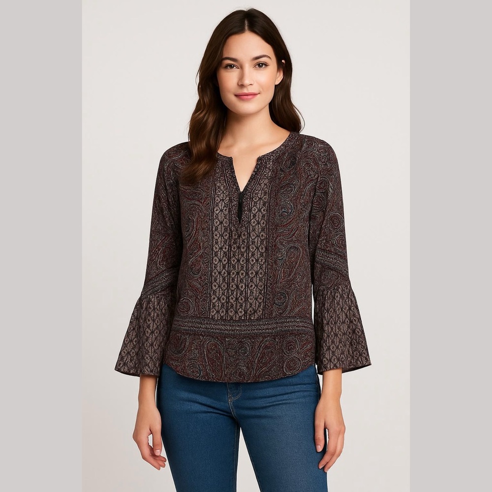Belle Kim Gravel Paisley Bell Sleeve Blouse Burgundy  Size XS Fully Lined NWOT